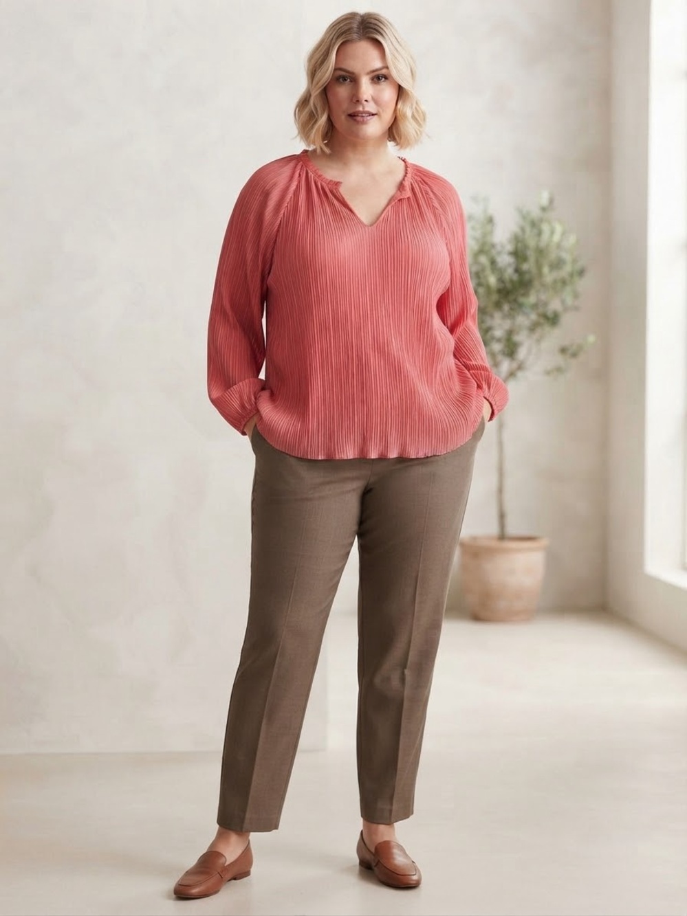 LC Lauren Conrad Coral Pleated V-Neck Blouse